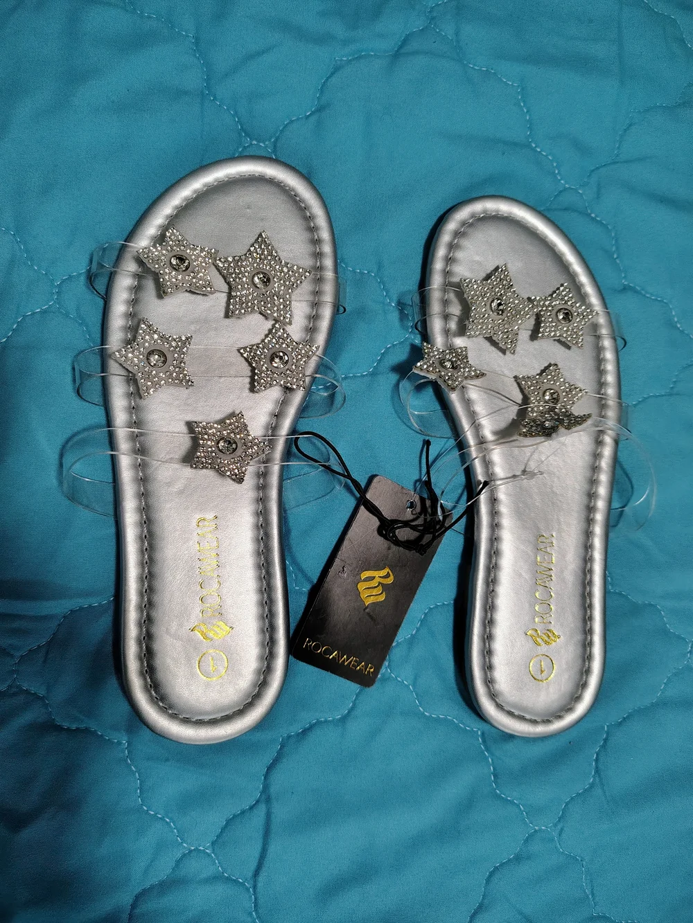 Rocawear Silver Star-Embellished Clear Strap Slide Sandals